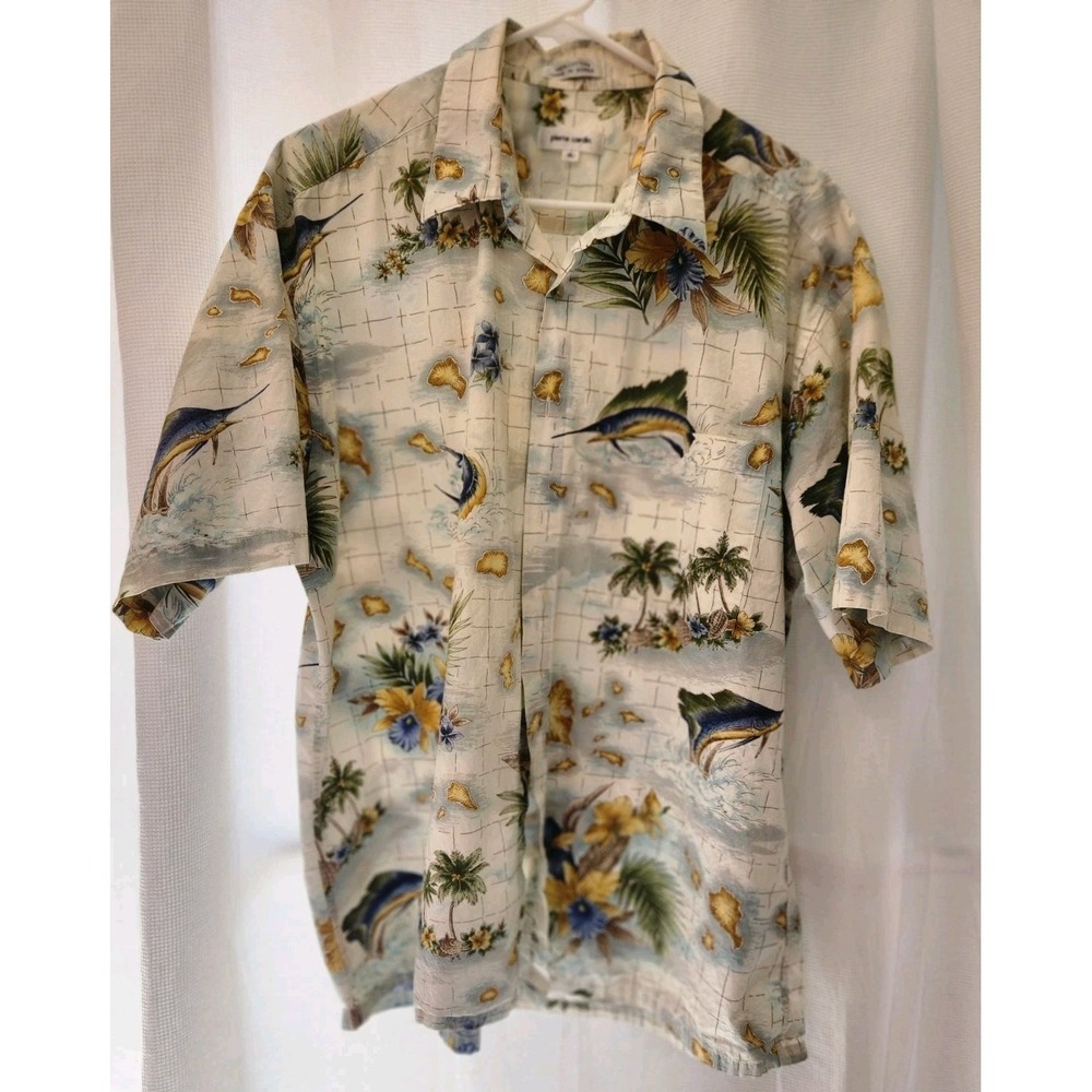 VTG PIERRE CARDIN Men's Beige & Blue Swordfish‎ Hawaiian Shirt Button Up Size XL